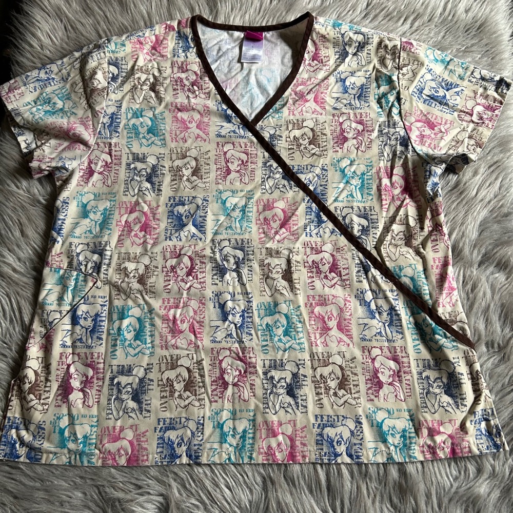 The‎ Wonderful World Of Disney Tinkerbell Scrub Top Womens Size Large Work Shirt
